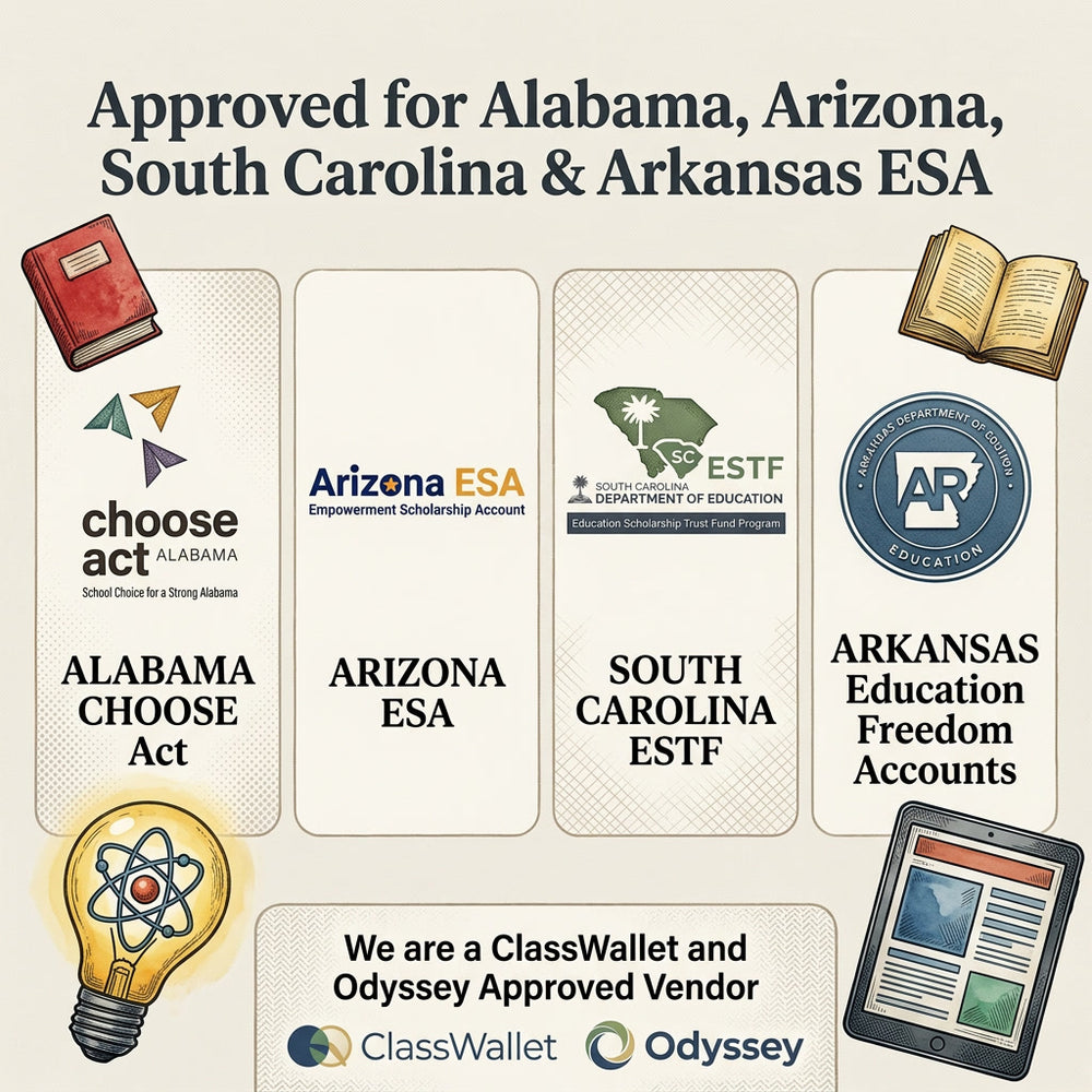 Official approval badges for WonderCub Labs as a STEM curriculum vendor for Alabama Choose Act, Arizona ESA Empowerment Scholarship Account, South Carolina ESTF Education Scholarship Trust Fund, and Arkansas Education Freedom Accounts. Features logos for ClassWallet and Odyssey, indicating approved vendor status for state-funded homeschool science kits and educational materials.