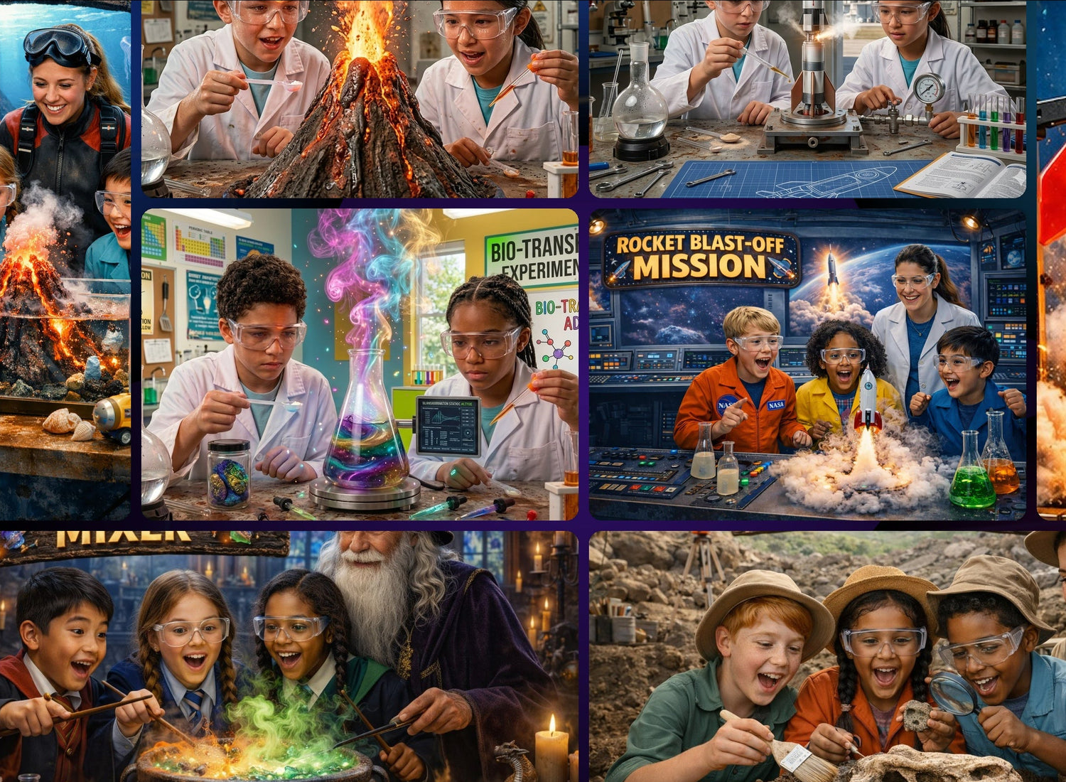 A vibrant collage of children engaged in various cinematic hands-on STEM experiments. Scenes include an erupting model volcano with fiery lava, kids launching a model rocket with smoke, students analyzing a colorful flask experiment labeled 'BIO-TRANSFORMATION,' young paleontologists excavating a dinosaur fossil skull with an adult mentor, and children in a science-themed lab environment with space control panels and an underwater shark aquarium.