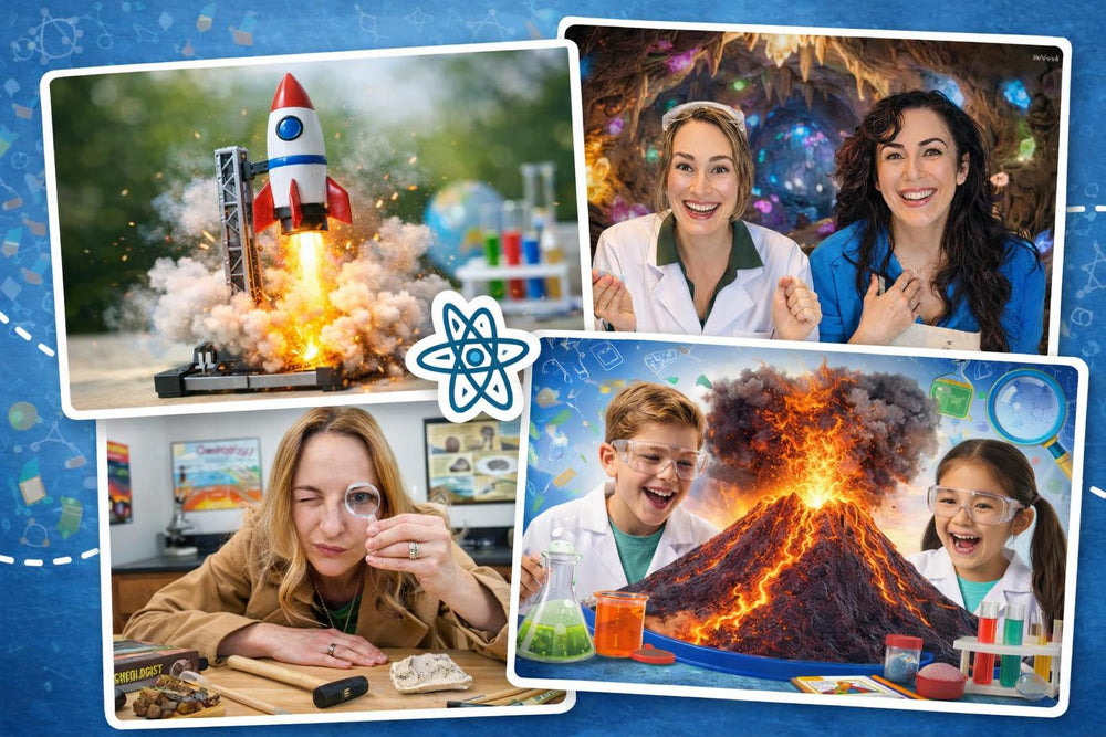 Vibrant photo collage of diverse children and adult science educators engaging with various hands-on STEM curriculum kits. Scenes show an erupting model volcano and rocket launch as kids learn with clear safety goggles and lab equipment, an adult geologist expertly examining fossils with a magnifying glass, and enthusiastic instructors in a science-themed cave environment. Demonstrates professional mentorship and high-quality, engaging STEM education curriculum.