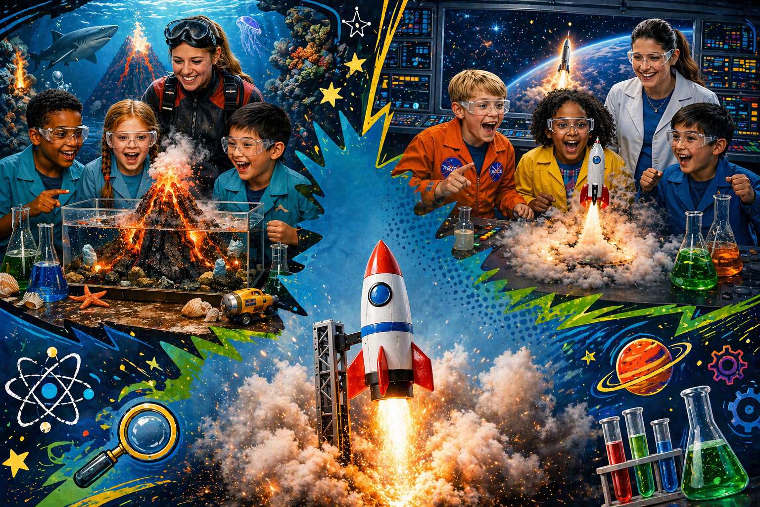 A dynamic collage for WonderCub Labs showcasing the breadth of its STEM science kit curriculum. Features an Underwater Volcano Lab with marine life, a Rocket Blast-Off Mission with a space control center, and various hands-on chemistry experiments with beakers and test tubes. Children and adult science mentors are shown exploring diverse scientific fields, illustrating a complete 10-course homeschool science curriculum for curious explorers.