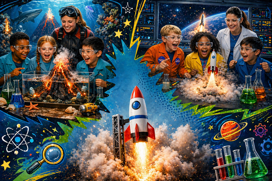 A dynamic collage for WonderCub Labs showcasing the breadth of its STEM science kit curriculum. Features an Underwater Volcano Lab with marine life, a Rocket Blast-Off Mission with a space control center, and various hands-on chemistry experiments with beakers and test tubes. Children and adult science mentors are shown exploring diverse scientific fields, illustrating a complete 10-course homeschool science curriculum for curious explorers.