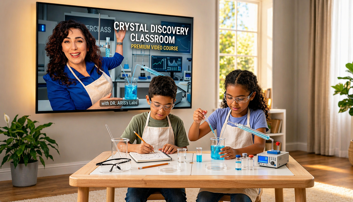 Two children at a home desk following a WonderCub Labs premium video course titled 'Crystal Discovery Classroom' on a large television screen. A young boy takes notes in a science journal while a young girl conducts a chemistry experiment with blue liquids and lab equipment. Showcases the integrated homeschool STEM science kit curriculum combining physical kits with expert-led digital video instruction.