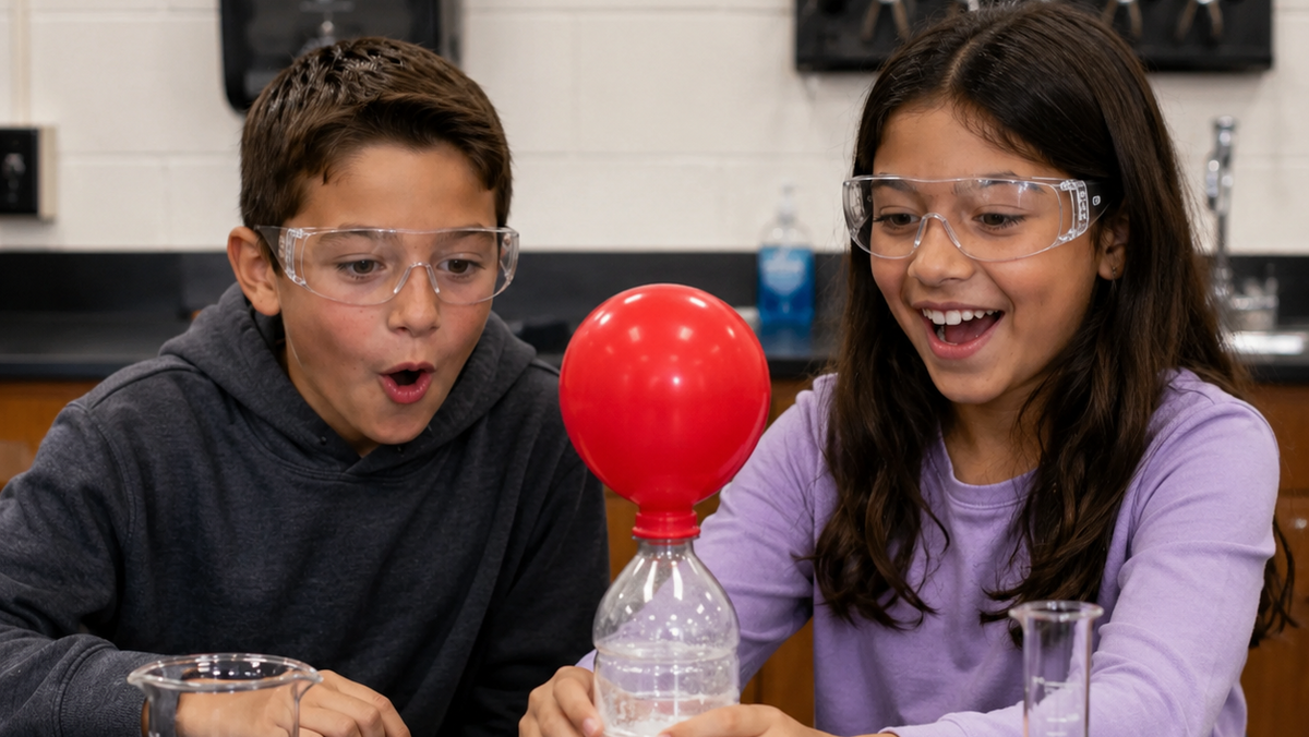 Two children wearing safety goggles stand at a science lab table, experimenting with a clear plastic bottle topped with a red balloon. One child holds the bottle while the other watches with a surprised expression.