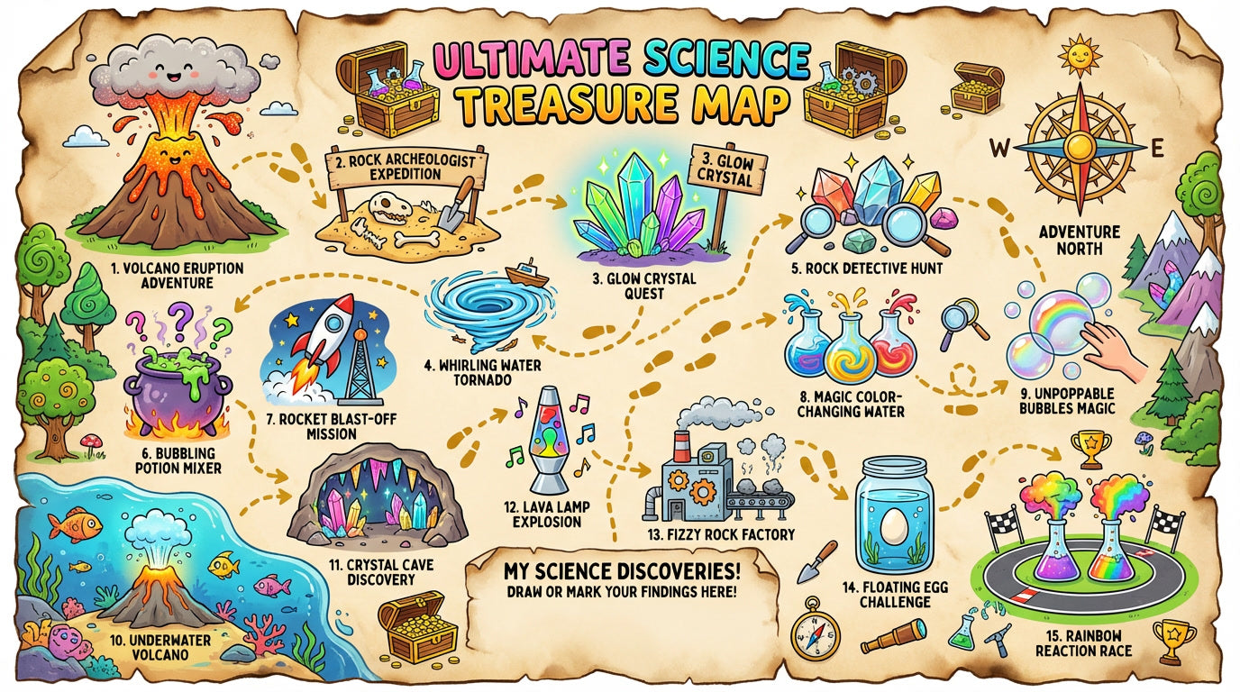 Illustrated science-themed treasure map with various science activities and objects.