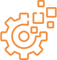 Orange gear icon with squares on a black background
