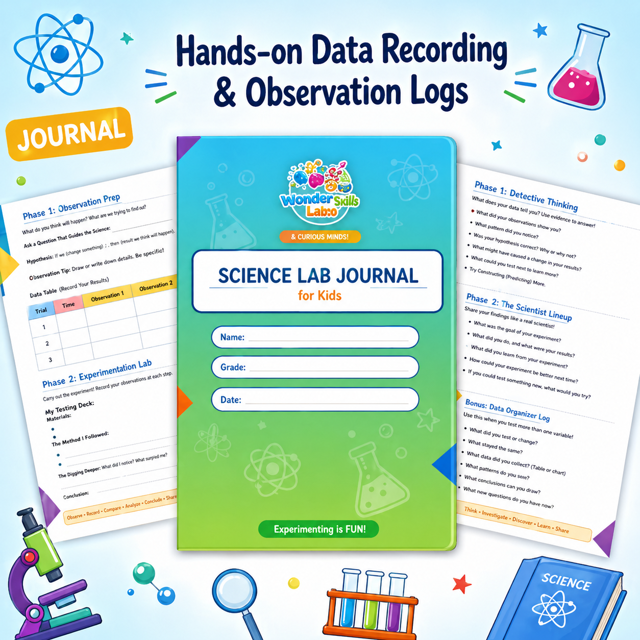 Infographic showing the four-step process of the WonderCub Labs STEM science kit curriculum. Step 1: Open Your Expedition Kit. Step 2: Watch Expert-Led Premium Video Lessons. Step 3: Complete Hands-On Science Experiments. Step 4: Record Observations in a Professional Science Lab Journal. Features a clean, colorful layout with icons for unboxing, digital learning, and student journaling for homeschool science.