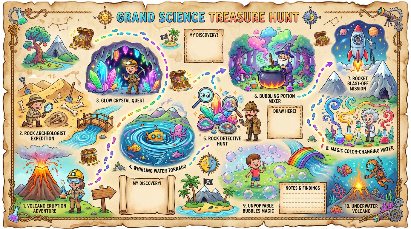 Colorful poster for a science-themed treasure hunt with various activities and illustrations.