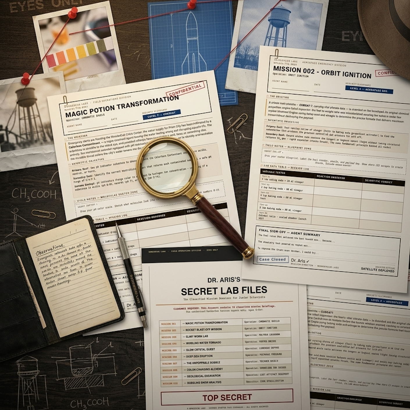 Secret lab files and documents with a magnifying glass on a dark surface