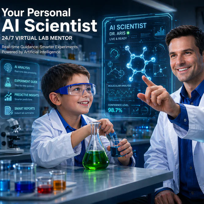 Man and child in lab coats with futuristic AI scientist interface in a virtual lab setting.