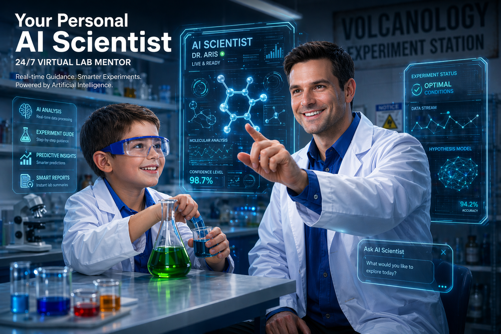 A high-tech lab setting featuring an adult scientist and a young boy using an AI Scientist virtual lab mentor named Dr. Aris. The image shows holographic data displays including molecular analysis, predictive insights, and an 'Ask AI' chat interface. Demonstrates the integration of Artificial Intelligence in a hands-on STEM science kit curriculum for real-time experiment guidance and smarter learning reports.