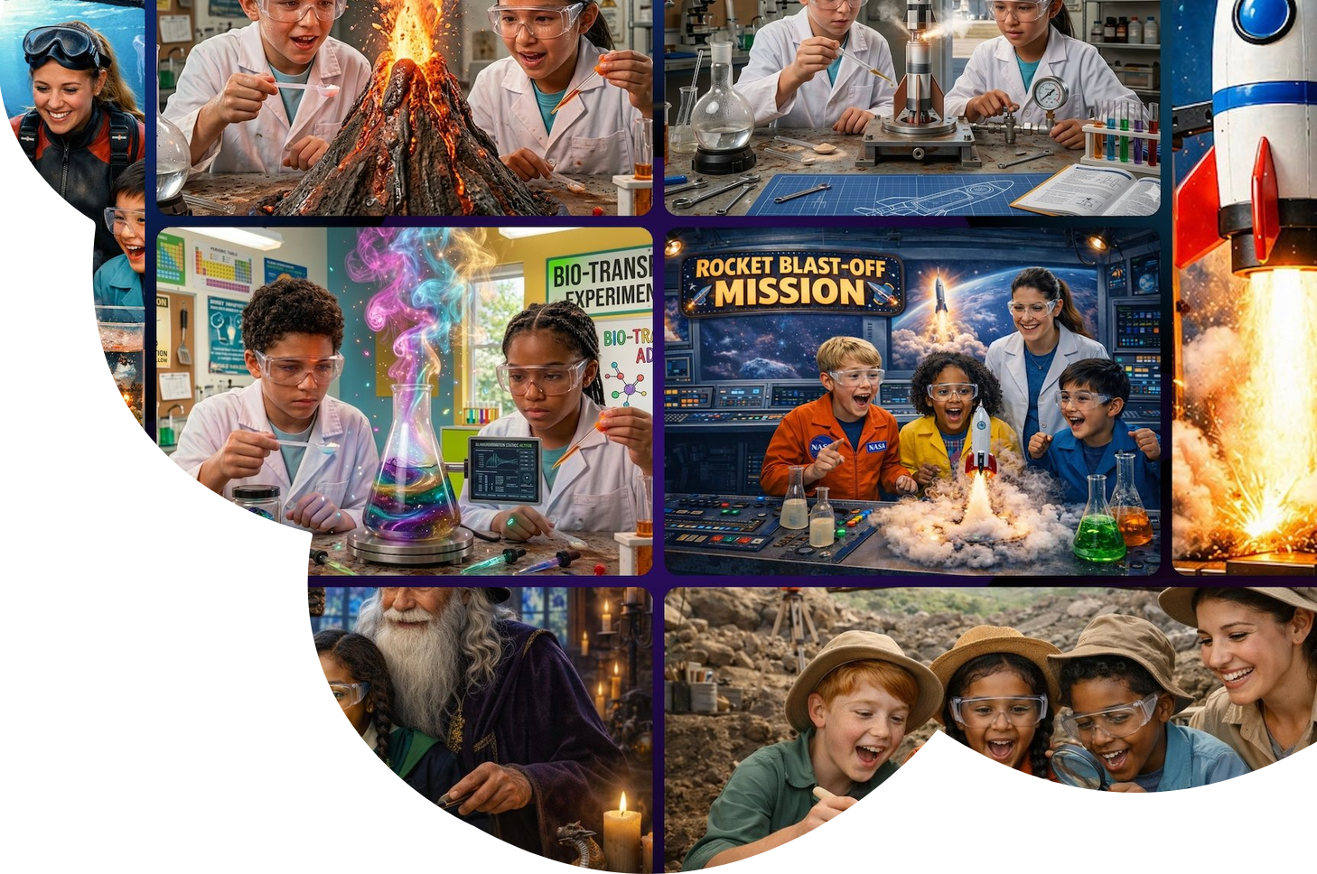 Comprehensive STEM science kit curriculum for kids featuring hands-on experiments in space exploration, volcanic geology, paleontology, and chemistry. Children using an educational science kit to launch rockets, excavate dinosaur fossils, and conduct chemistry experiments at home. Perfect for homeschool STEM curriculum and ESA-approved science activities.