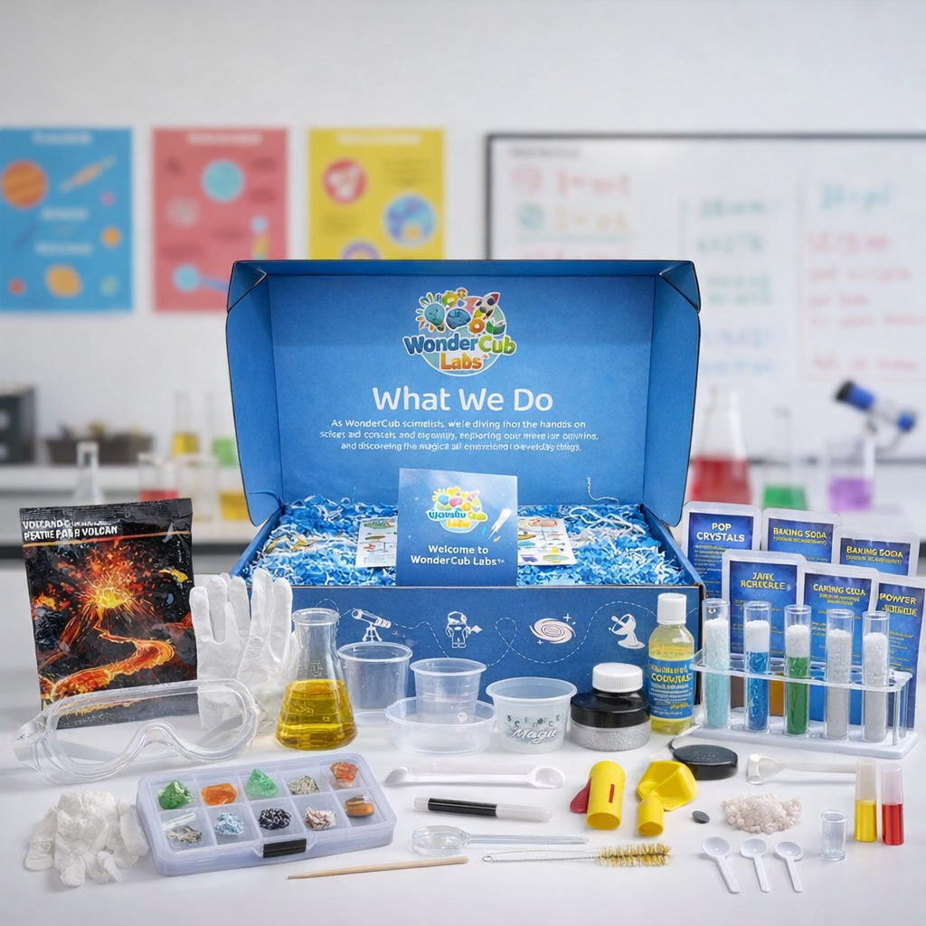 Opened WonderCub Labs branded science kit unboxing presentation. An attractive blue cardboard box contains a Welcome card, instructional materials, and protective blue and white shredded packing paper. The interior of the box features professional educational text that highlights fun, hands-on learning, while the exterior shows icons for space-themed STEM exploration, establishing a premium experience for kids.