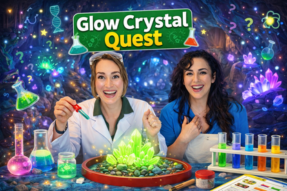 Glow-in-the-dark crystal growing experiment for kids featuring professional chemistry laboratory equipment and instructional mentors from WonderCub Labs.