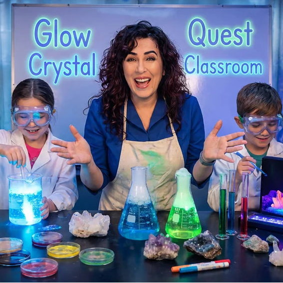 Educational setting with children and teacher conducting a science experiment in a classroom labeled 'Glow Crystal Quest Classroom'.