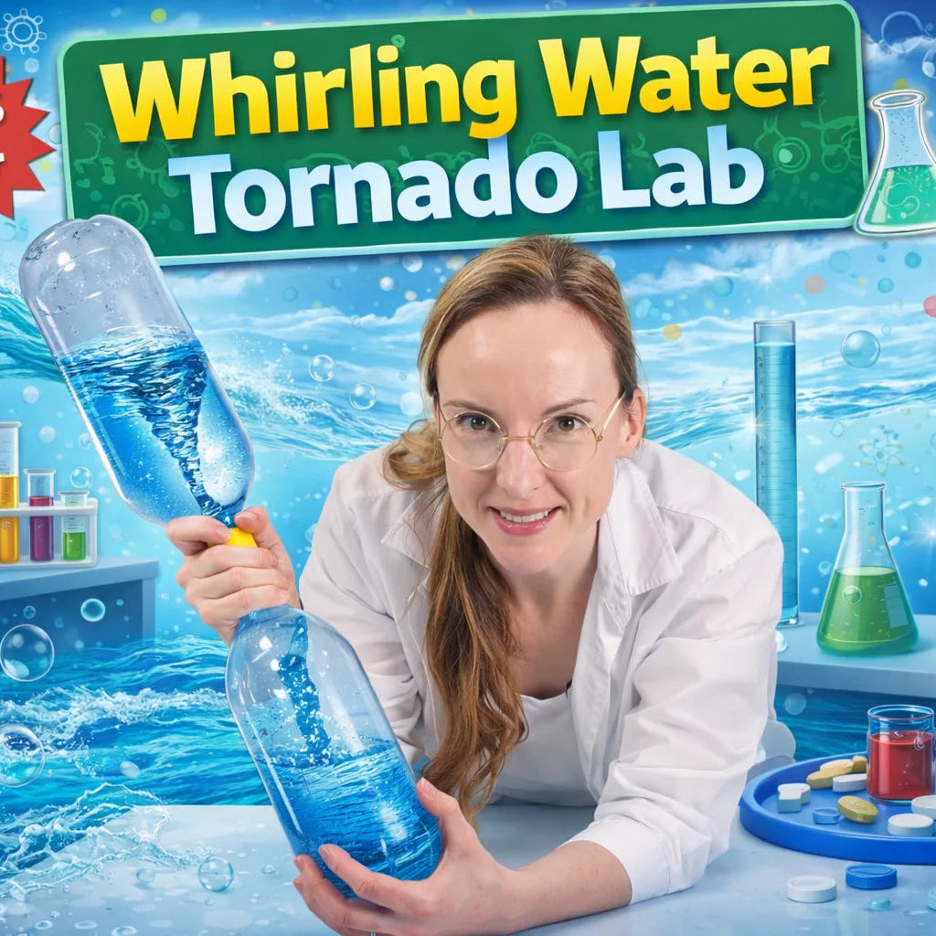 Woman holding a bottle with a swirling water effect, labeled 'Whirling Water Tornado Lab' for ages 8 and up.