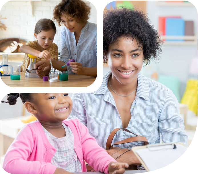 Collage of a woman and child in an educational setting, with the woman teaching and the child smiling.