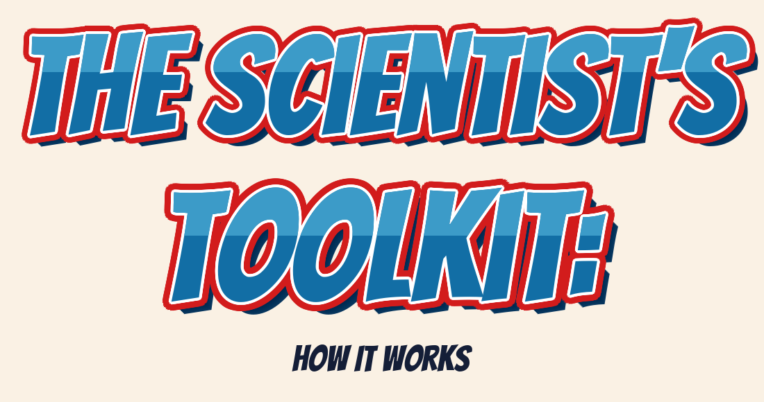 Title 'The Scientist's Toolkit: How It Works' in bold blue and red text on a beige background