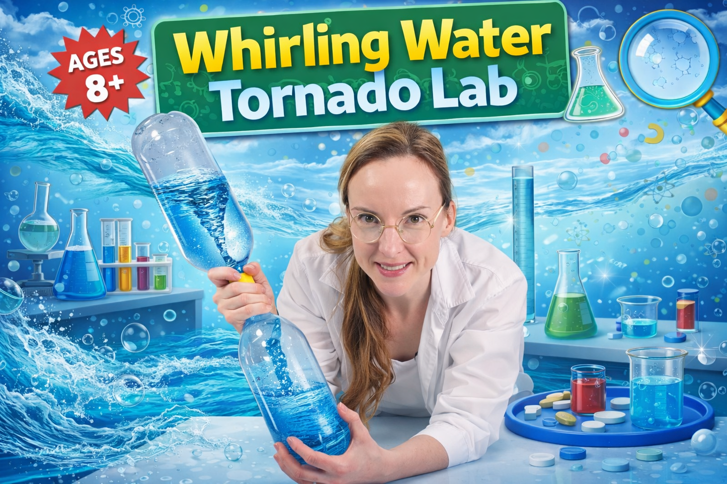 Water tornado experiment from the WonderCub Labs STEM curriculum for ages 8 plus featuring laboratory equipment and guided science instruction.